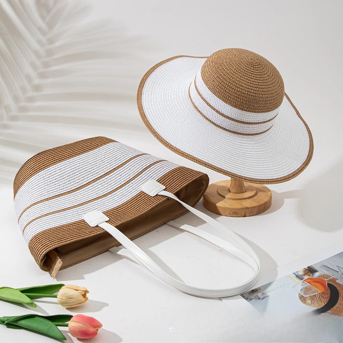 Straw Hat & Tote Set – Beach Vacation Sun Protection Duo, Large Capacity Travel Tote - WIVAStore