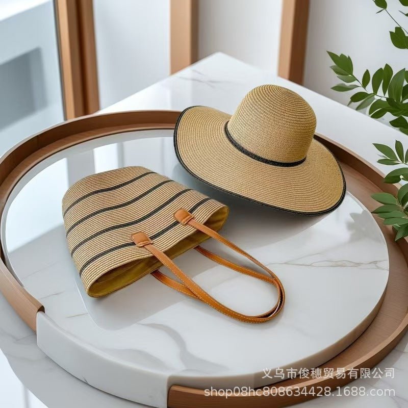Straw Hat & Tote Set – Beach Vacation Sun Protection Duo, Large Capacity Travel Tote - WIVAStore