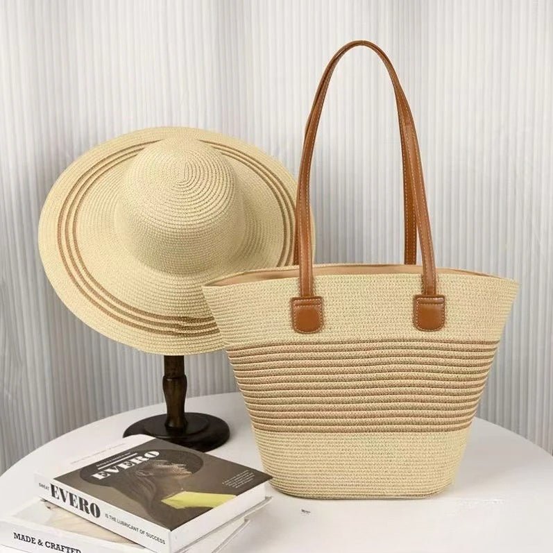Straw Hat & Tote Set – Beach Vacation Sun Protection Duo, Large Capacity Travel Tote - WIVAStore
