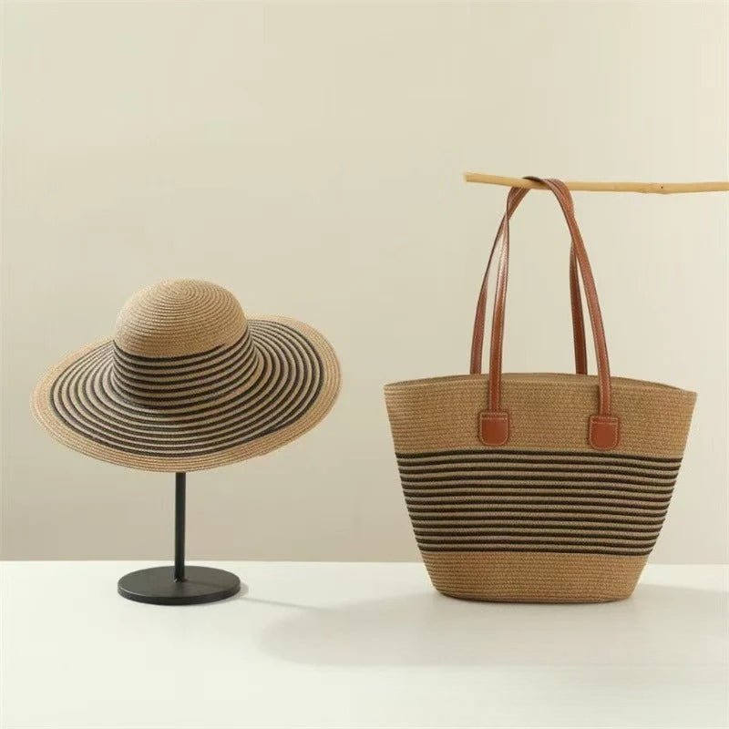 Straw Hat & Tote Set – Beach Vacation Sun Protection Duo, Large Capacity Travel Tote - WIVAStore