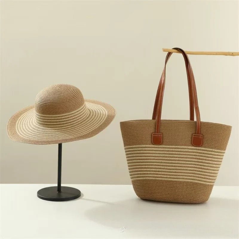 Straw Hat & Tote Set – Beach Vacation Sun Protection Duo, Large Capacity Travel Tote - WIVAStore