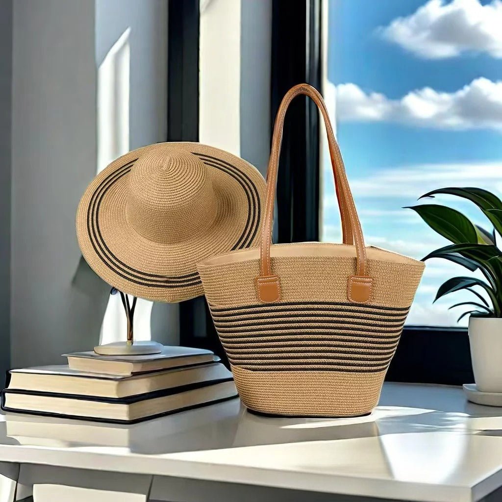 Straw Hat & Tote Set – Beach Vacation Sun Protection Duo, Large Capacity Travel Tote - WIVAStore