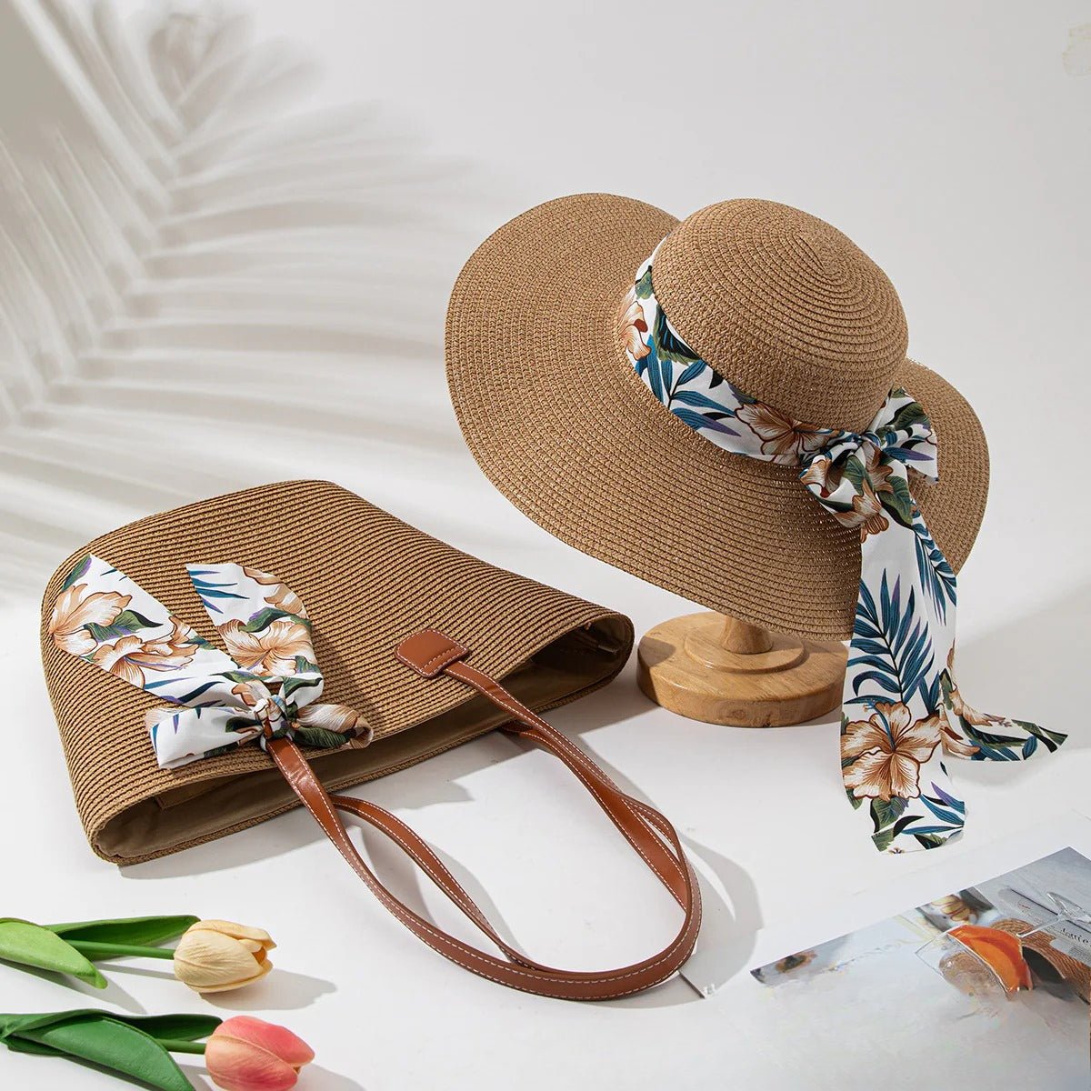 Straw Hat & Tote Set – Beach Vacation Sun Protection Duo, Large Capacity Travel Tote - WIVAStore