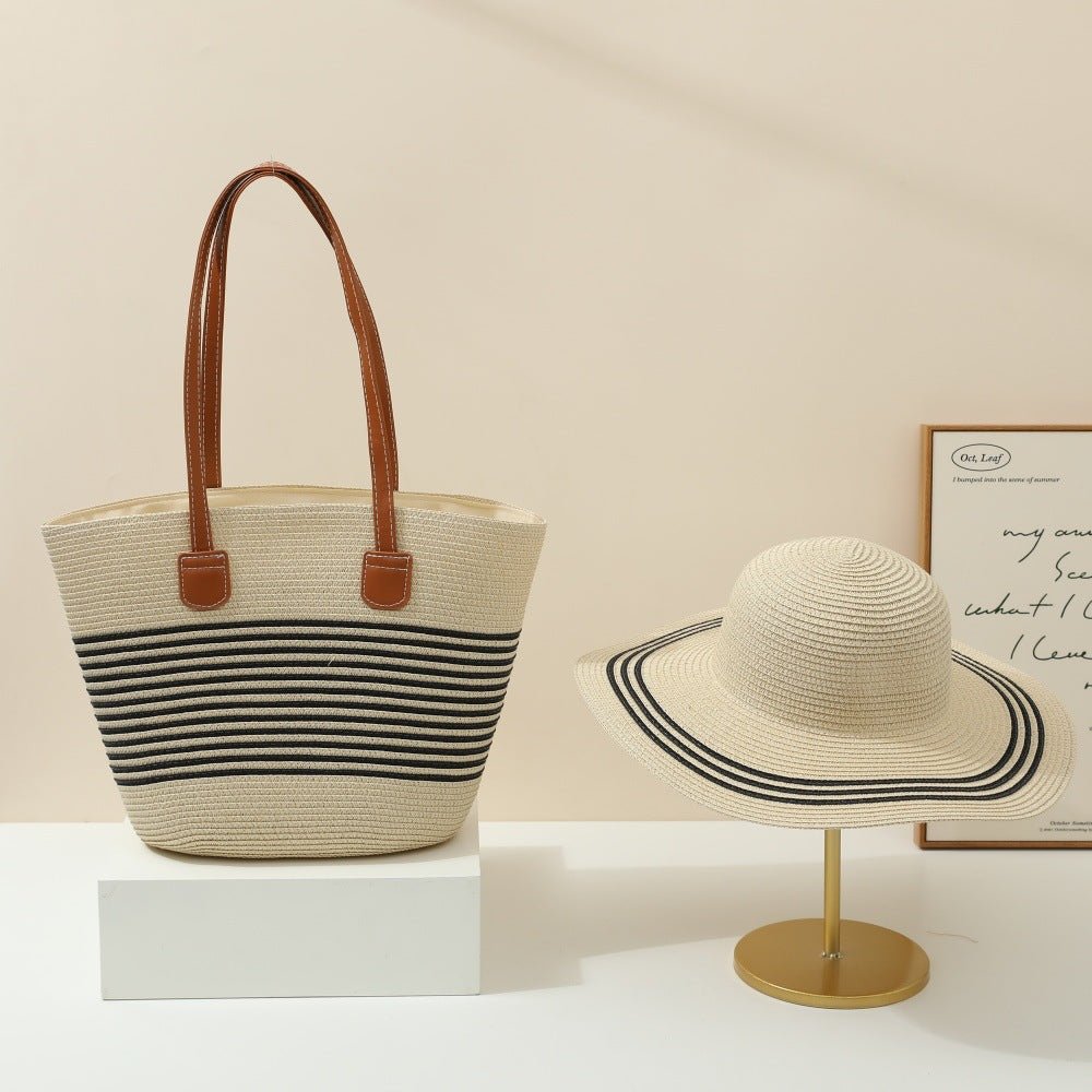 Straw Hat & Tote Two - Piece Set – Wide - Brim Beach Duo, Large Capacity Striped Vacation Kit - WIVAStore