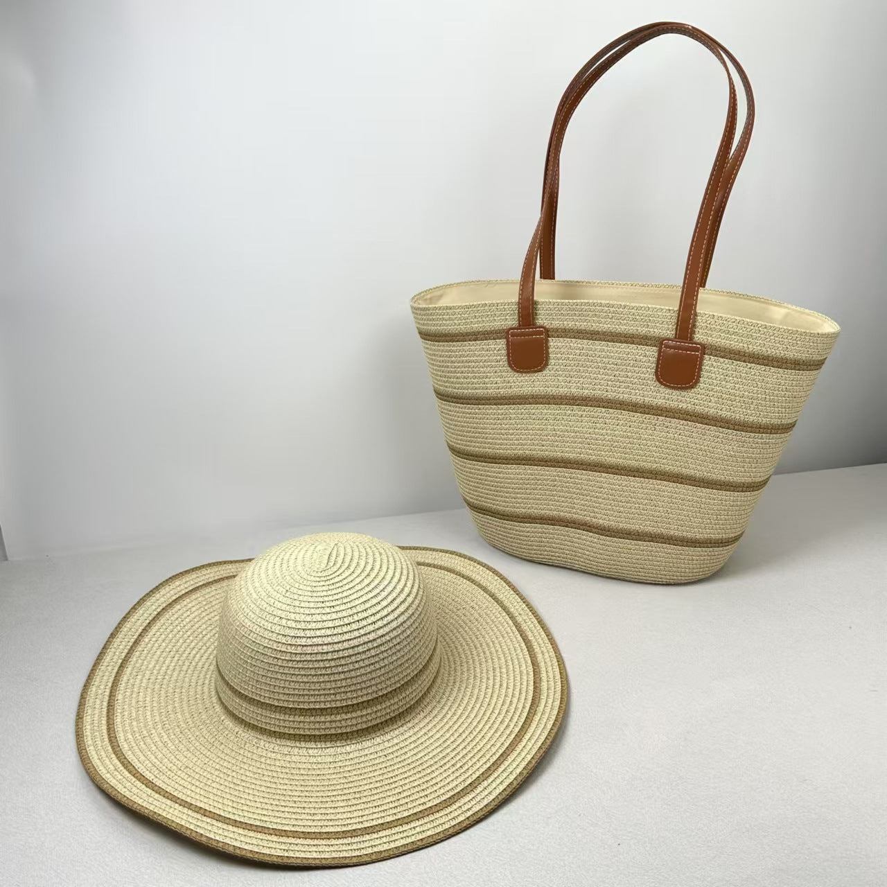 Straw Hat & Tote Two - Piece Set – Wide - Brim Beach Duo, Large Capacity Striped Vacation Kit - WIVAStore