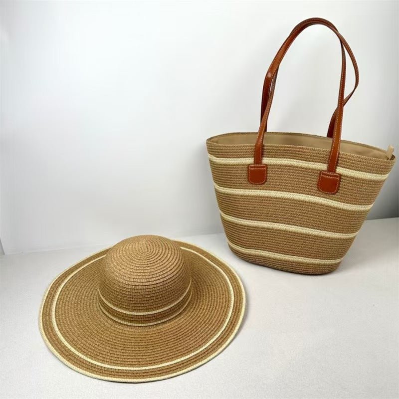 Straw Hat & Tote Two - Piece Set – Wide - Brim Beach Duo, Large Capacity Striped Vacation Kit - WIVAStore