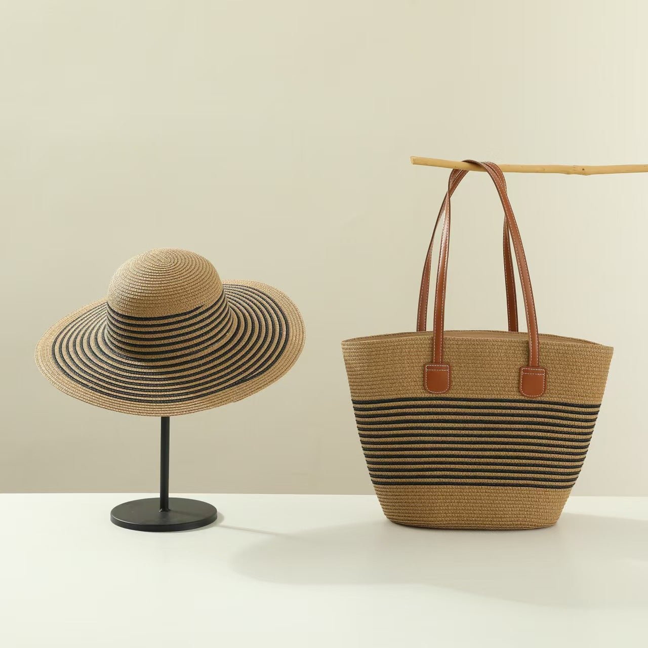 Straw Hat & Tote Two - Piece Set – Wide - Brim Beach Duo, Large Capacity Striped Vacation Kit - WIVAStore