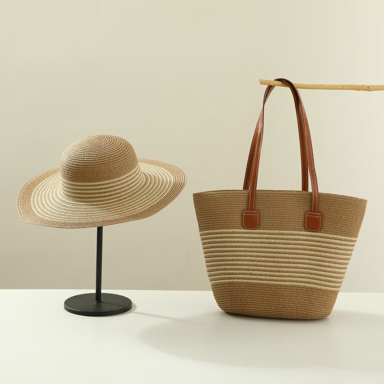 Straw Hat & Tote Two - Piece Set – Wide - Brim Beach Duo, Large Capacity Striped Vacation Kit - WIVAStore