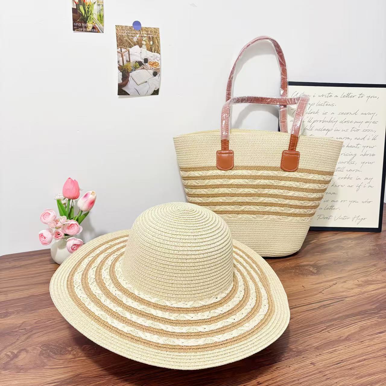 Straw Hat & Tote Two - Piece Set – Wide - Brim Beach Duo, Large Capacity Striped Vacation Kit - WIVAStore