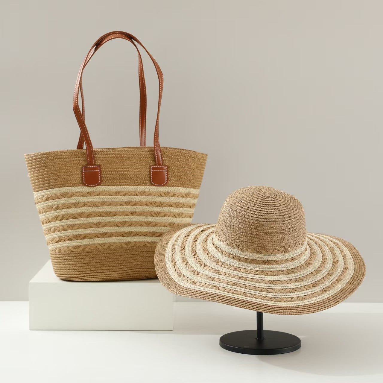 Straw Hat & Tote Two - Piece Set – Wide - Brim Beach Duo, Large Capacity Striped Vacation Kit - WIVAStore