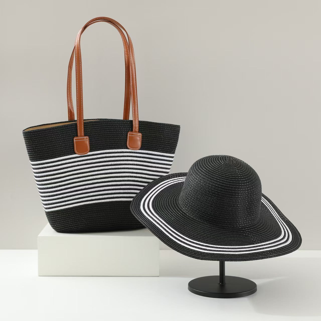 Straw Hat & Tote Two - Piece Set – Wide - Brim Beach Duo, Large Capacity Striped Vacation Kit - WIVAStore