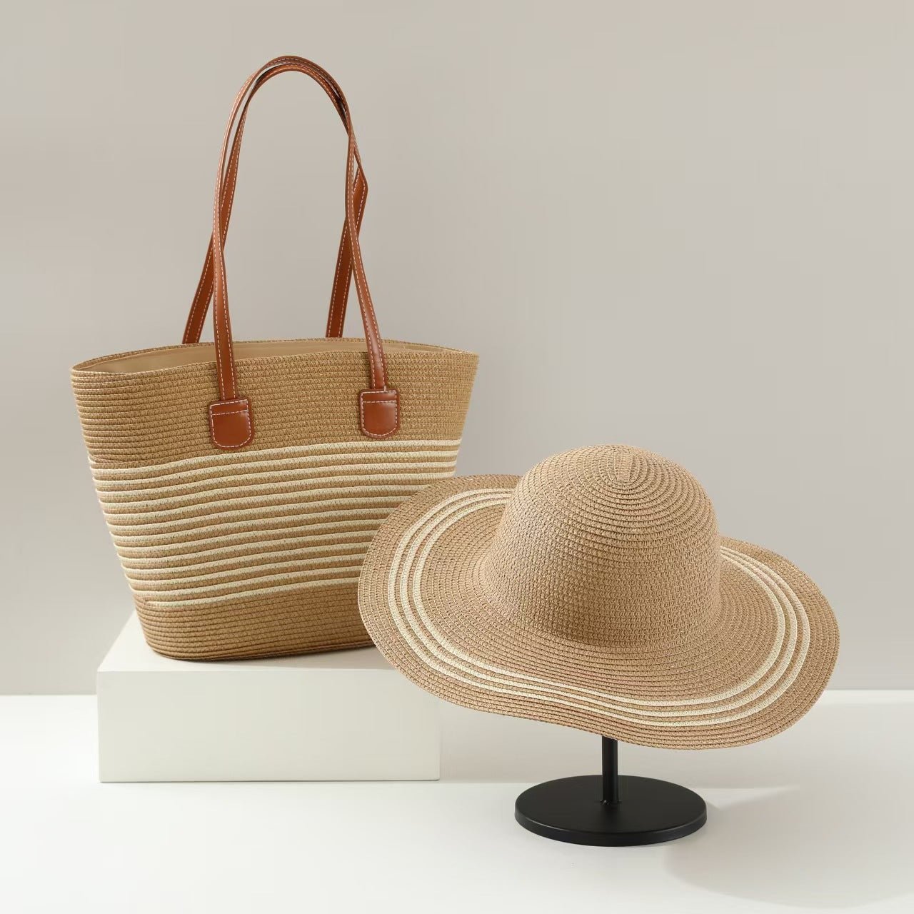 Straw Hat & Tote Two - Piece Set – Wide - Brim Beach Duo, Large Capacity Striped Vacation Kit - WIVAStore