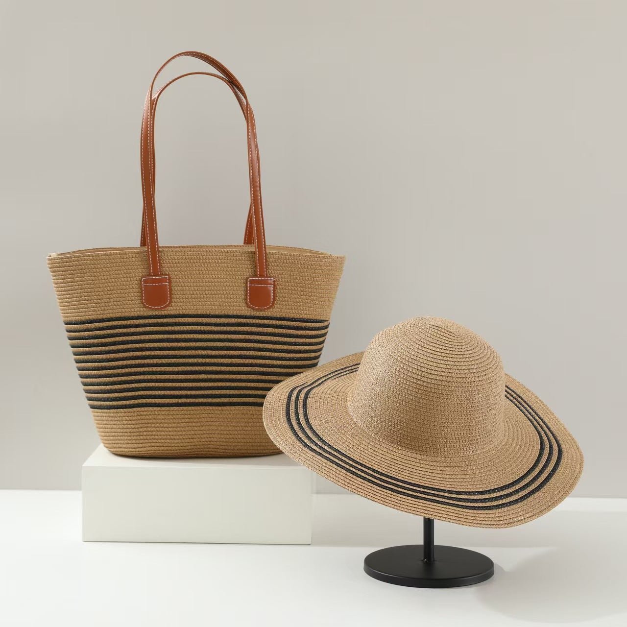 Straw Hat & Tote Two - Piece Set – Wide - Brim Beach Duo, Large Capacity Striped Vacation Kit - WIVAStore
