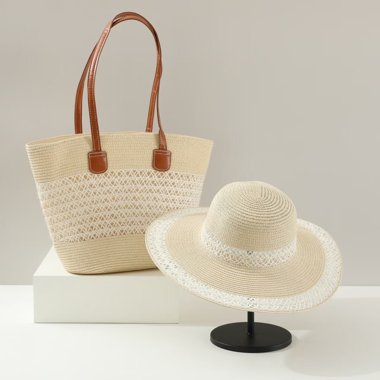 Straw Hat & Tote Two - Piece Set – Wide - Brim Beach Duo, Large Capacity Striped Vacation Kit - WIVAStore