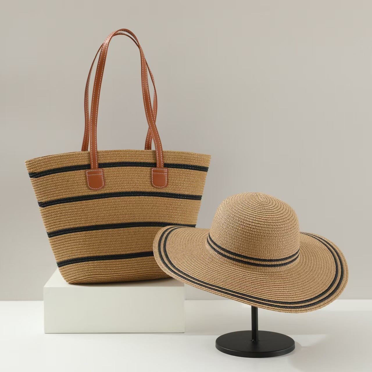 Straw Hat & Tote Two - Piece Set – Wide - Brim Beach Duo, Large Capacity Striped Vacation Kit - WIVAStore