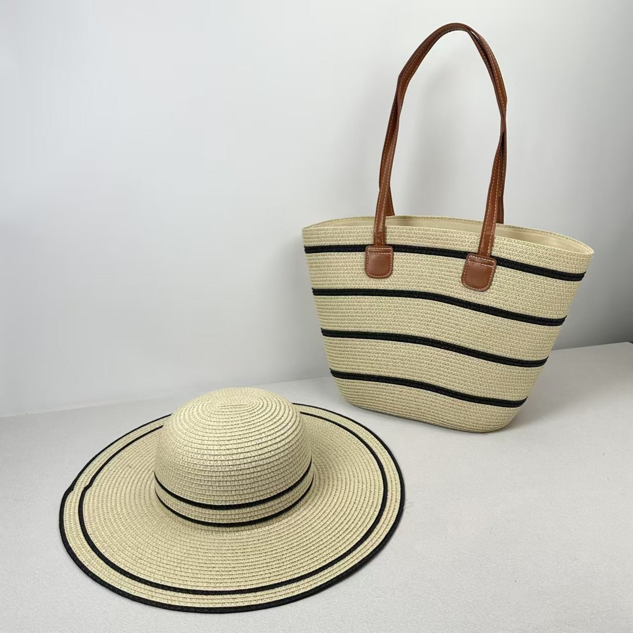 Straw Hat & Tote Two - Piece Set – Wide - Brim Beach Duo, Large Capacity Striped Vacation Kit - WIVAStore