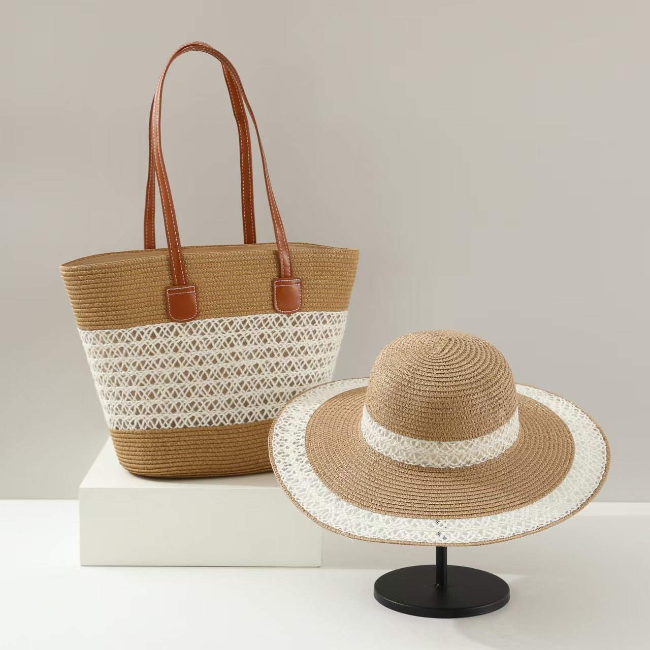 Straw Hat & Tote Two - Piece Set – Wide - Brim Beach Duo, Large Capacity Striped Vacation Kit - WIVAStore