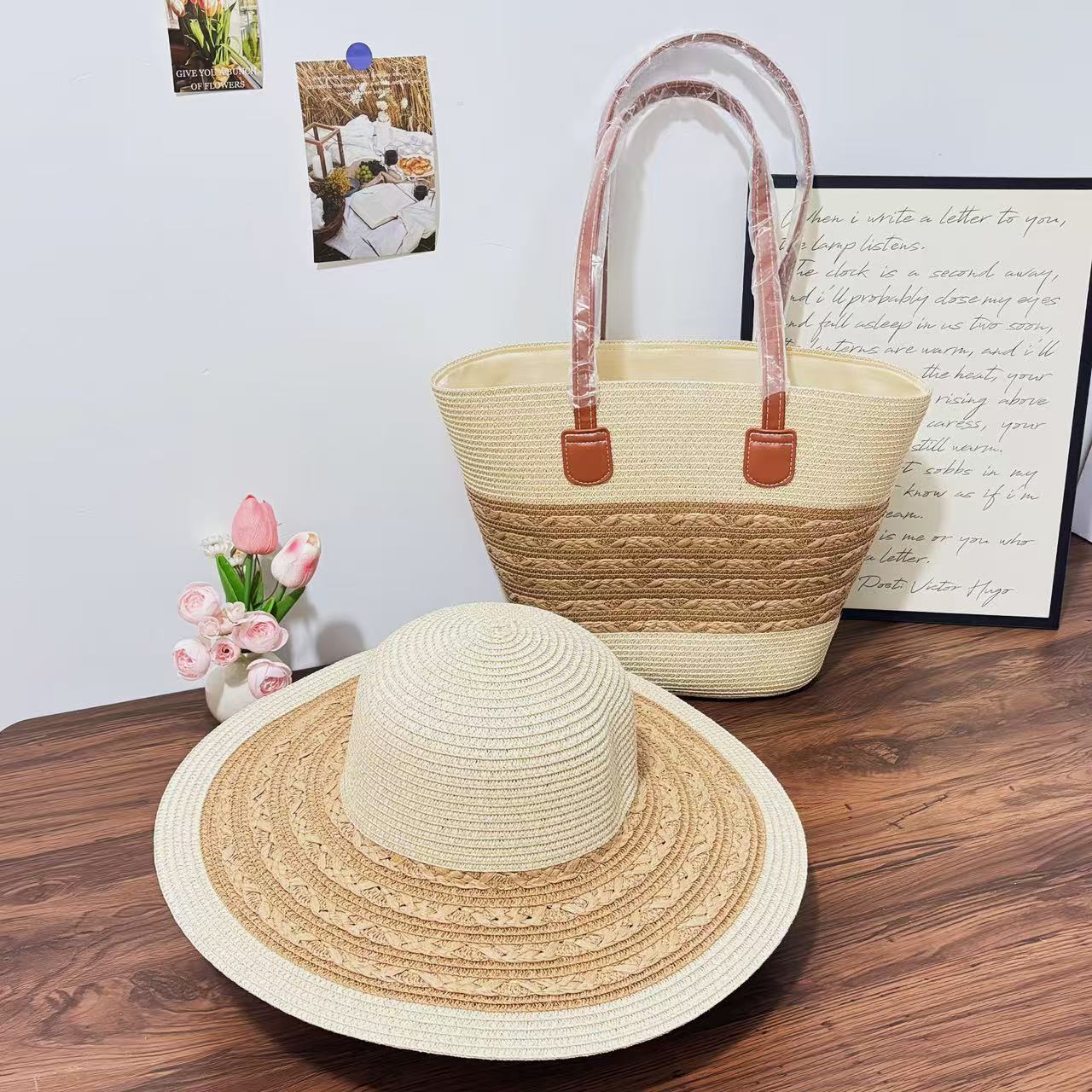 Straw Hat & Tote Two - Piece Set – Wide - Brim Beach Duo, Large Capacity Striped Vacation Kit - WIVAStore