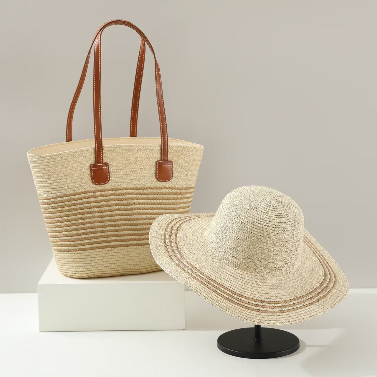 Straw Hat & Tote Two - Piece Set – Wide - Brim Beach Duo, Large Capacity Striped Vacation Kit - WIVAStore