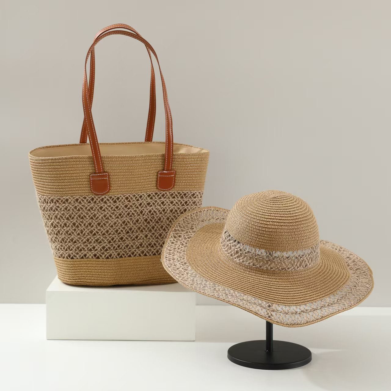 Straw Hat & Tote Two - Piece Set – Wide - Brim Beach Duo, Large Capacity Striped Vacation Kit - WIVAStore