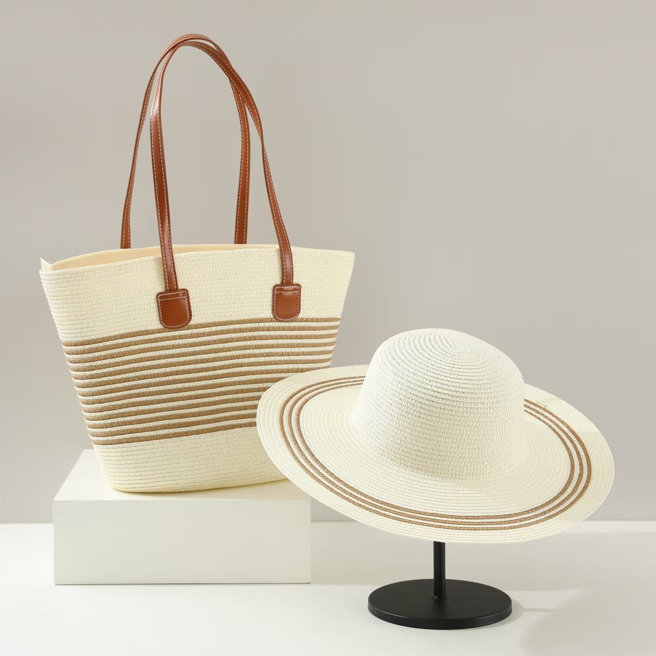 Straw Hat & Tote Two - Piece Set – Wide - Brim Beach Duo, Large Capacity Striped Vacation Kit - WIVAStore