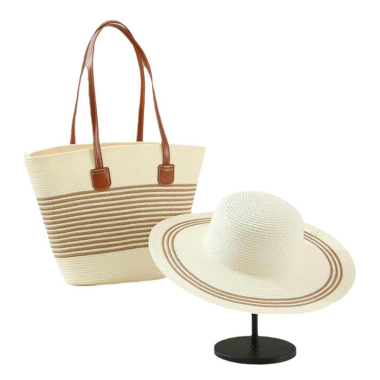 Straw Hat & Tote Two - Piece Set – Wide - Brim Beach Duo, Large Capacity Striped Vacation Kit - WIVAStore