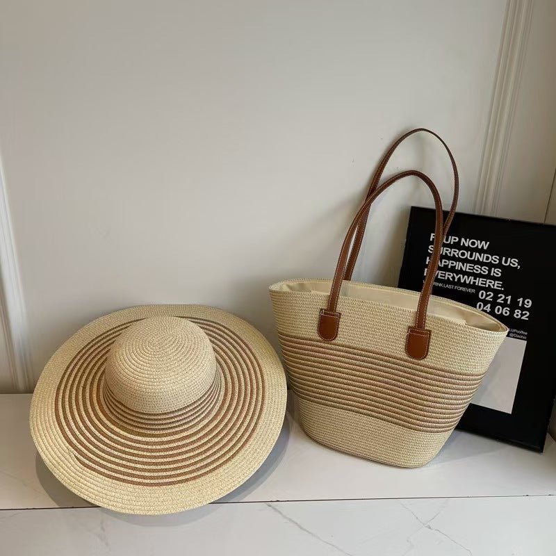 Straw Hat & Tote Two - Piece Set – Wide - Brim Beach Duo, Large Capacity Striped Vacation Kit - WIVAStore