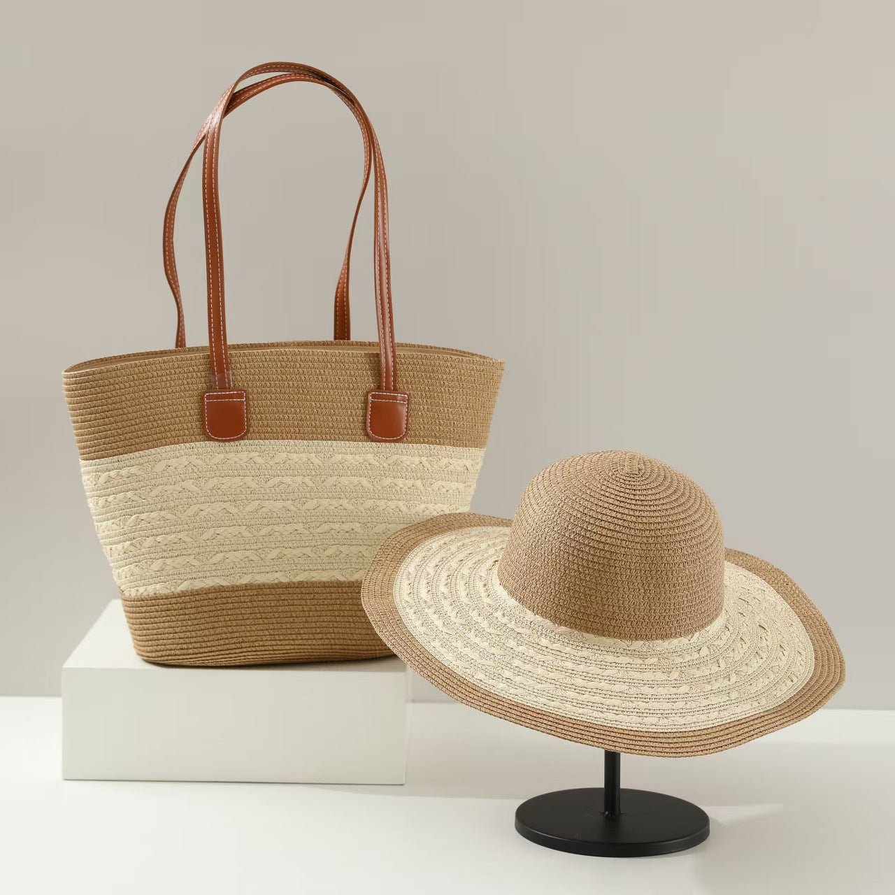 Straw Hat & Tote Two - Piece Set – Wide - Brim Beach Duo, Large Capacity Striped Vacation Kit - WIVAStore