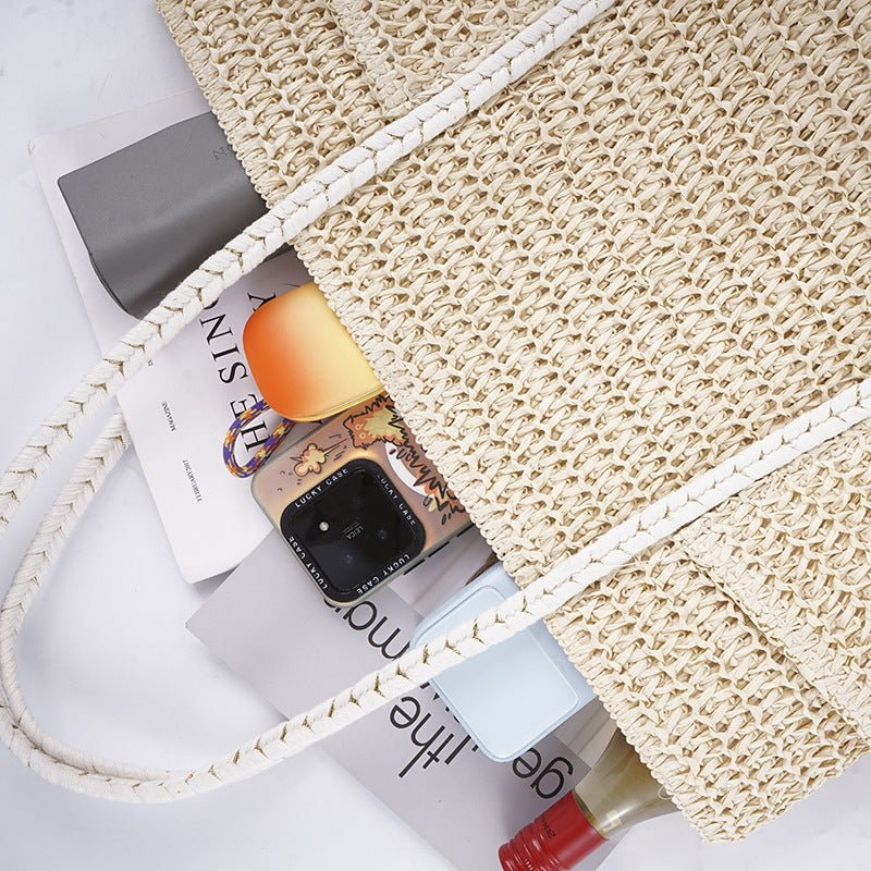 Summer Straw Tote – Women’s Large Shoulder Beach Bag, Patchwork Handwoven Purse - WIVAStore