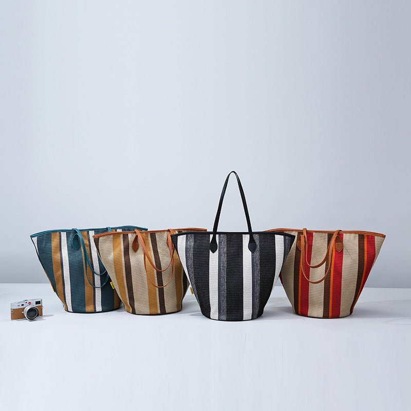 Trendy Canvas Shoulder Tote – Fashion Stripe Large Handbag, Casual Weekender Shopper - WIVAStore