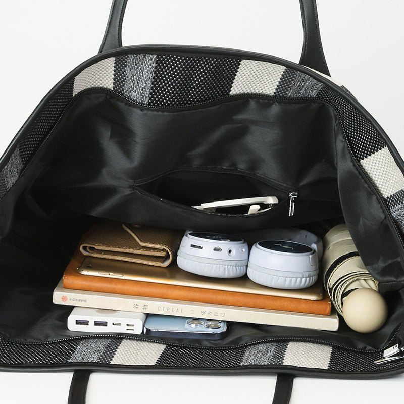 Trendy Canvas Shoulder Tote – Fashion Stripe Large Handbag, Casual Weekender Shopper - WIVAStore