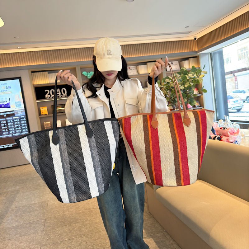 Trendy Canvas Shoulder Tote – Fashion Stripe Large Handbag, Casual Weekender Shopper - WIVAStore