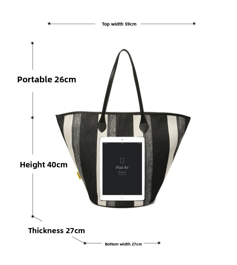 Trendy Canvas Shoulder Tote – Fashion Stripe Large Handbag, Casual Weekender Shopper - WIVAStore