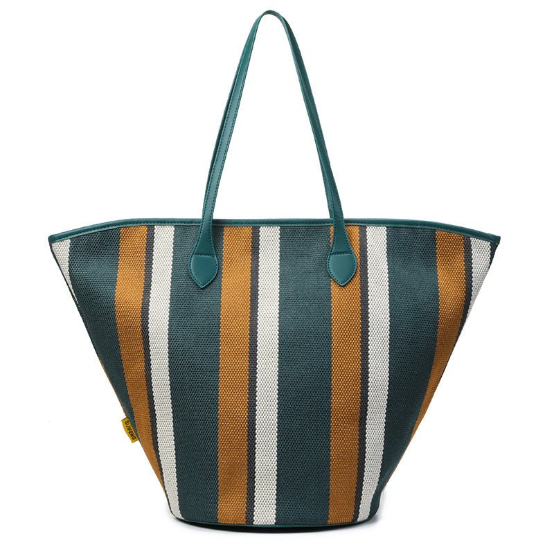 Trendy Canvas Shoulder Tote – Fashion Stripe Large Handbag, Casual Weekender Shopper - WIVAStore