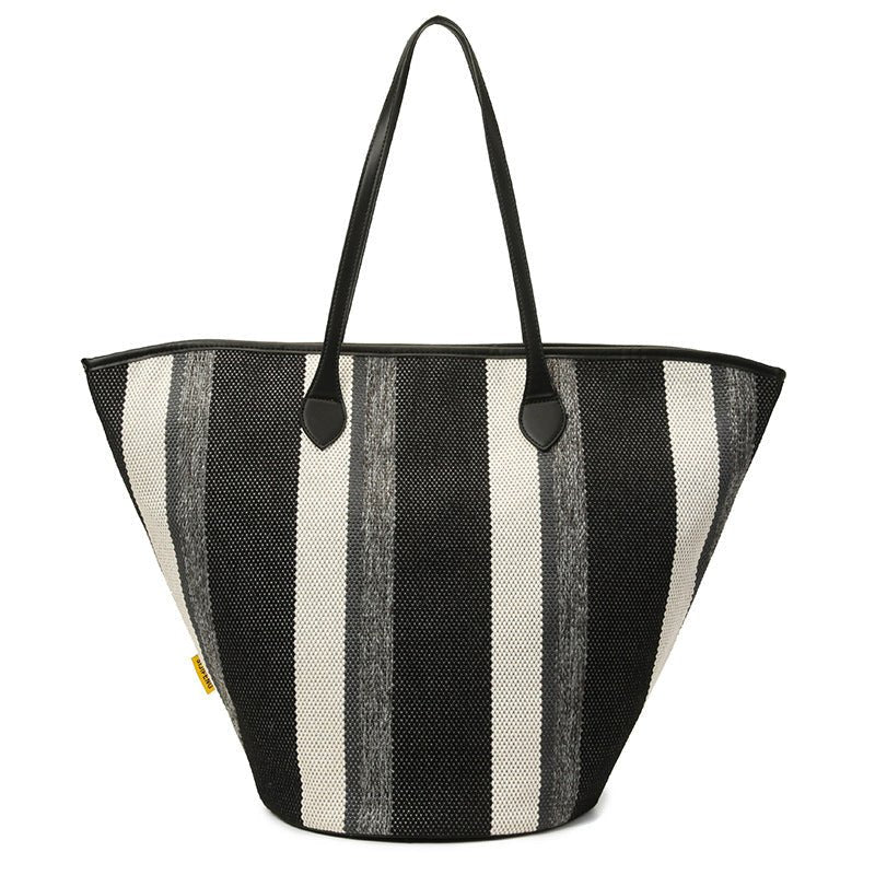 Trendy Canvas Shoulder Tote – Fashion Stripe Large Handbag, Casual Weekender Shopper - WIVAStore