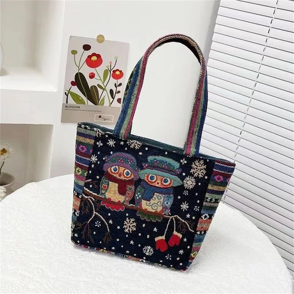 Women Embroidered Tote Bag Retro Owl Elephant Printed - WIVAStore