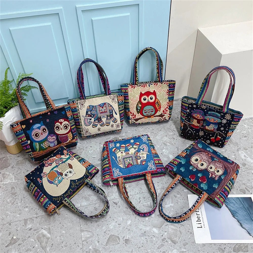 Women Embroidered Tote Bag Retro Owl Elephant Printed - WIVAStore
