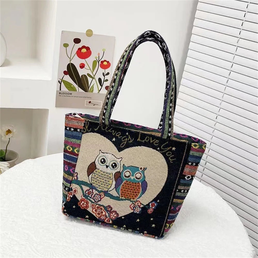 Women Embroidered Tote Bag Retro Owl Elephant Printed - WIVAStore