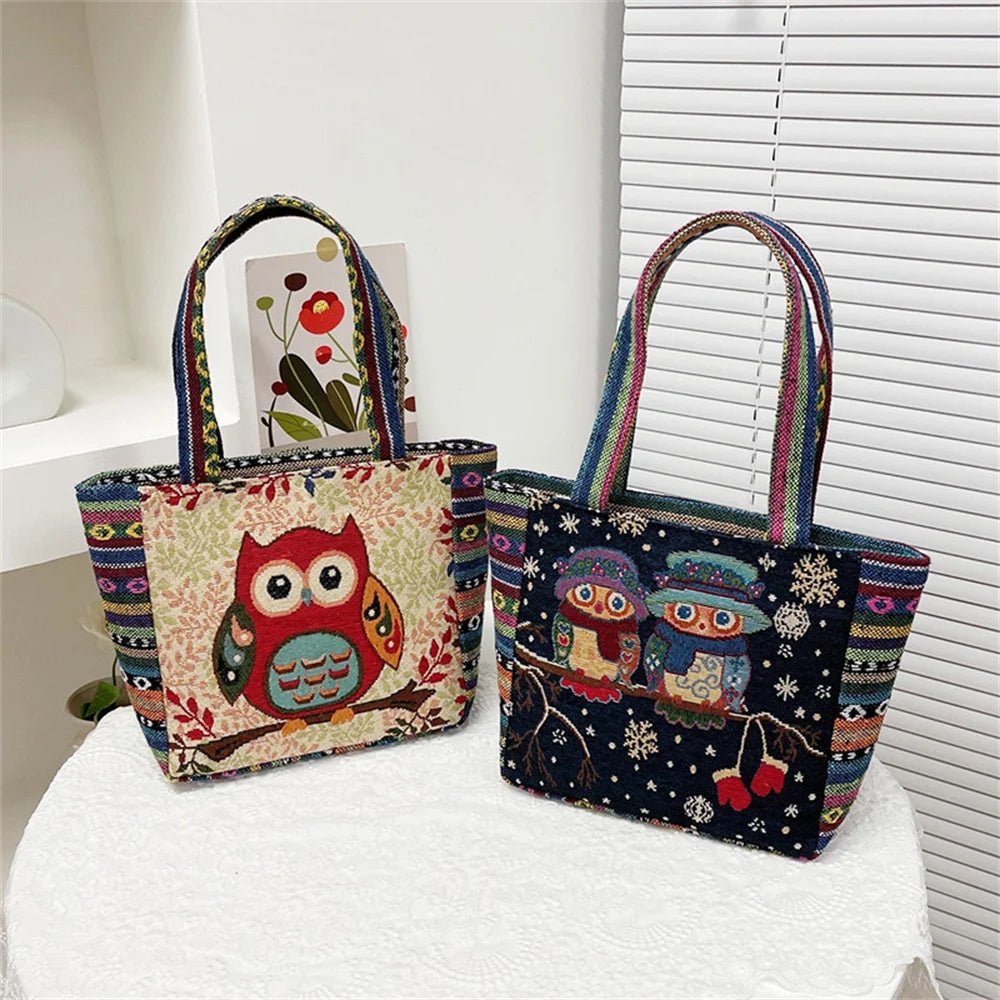 Women Embroidered Tote Bag Retro Owl Elephant Printed - WIVAStore
