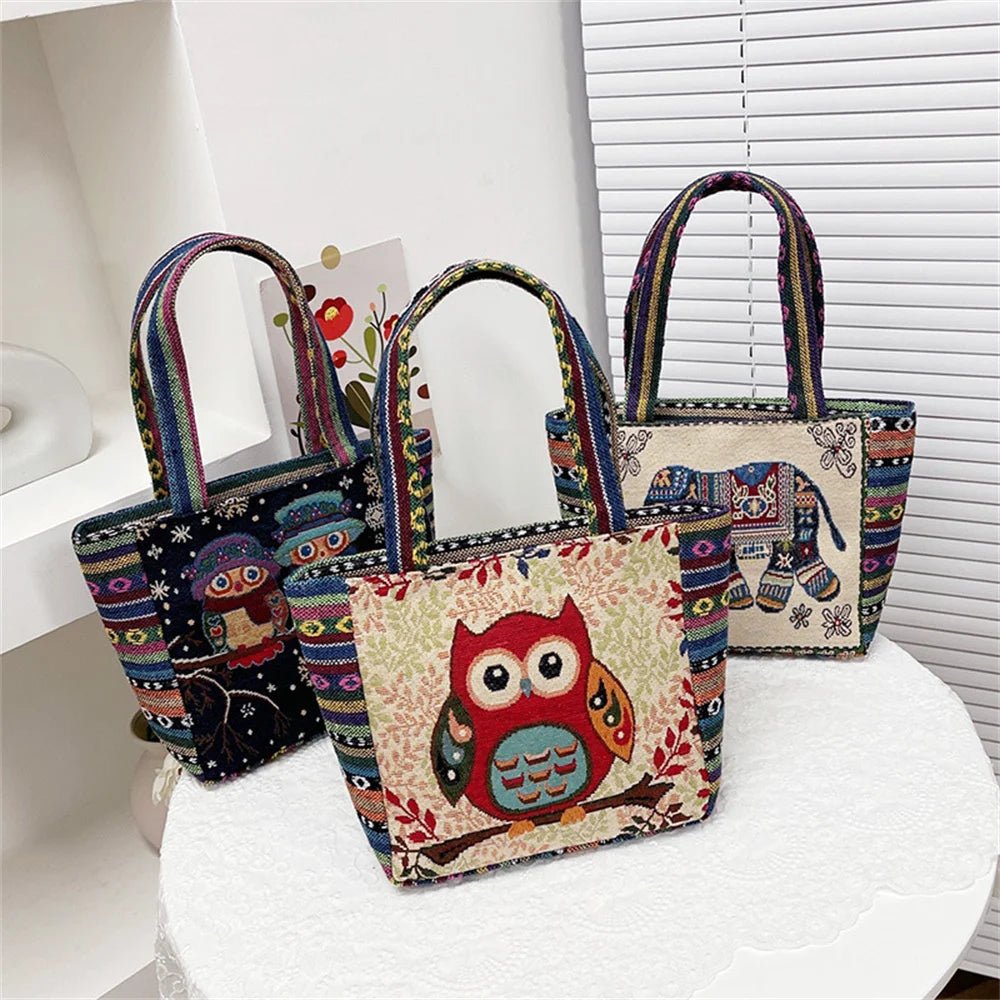 Women Embroidered Tote Bag Retro Owl Elephant Printed - WIVAStore