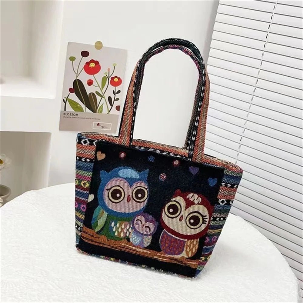 Women Embroidered Tote Bag Retro Owl Elephant Printed - WIVAStore