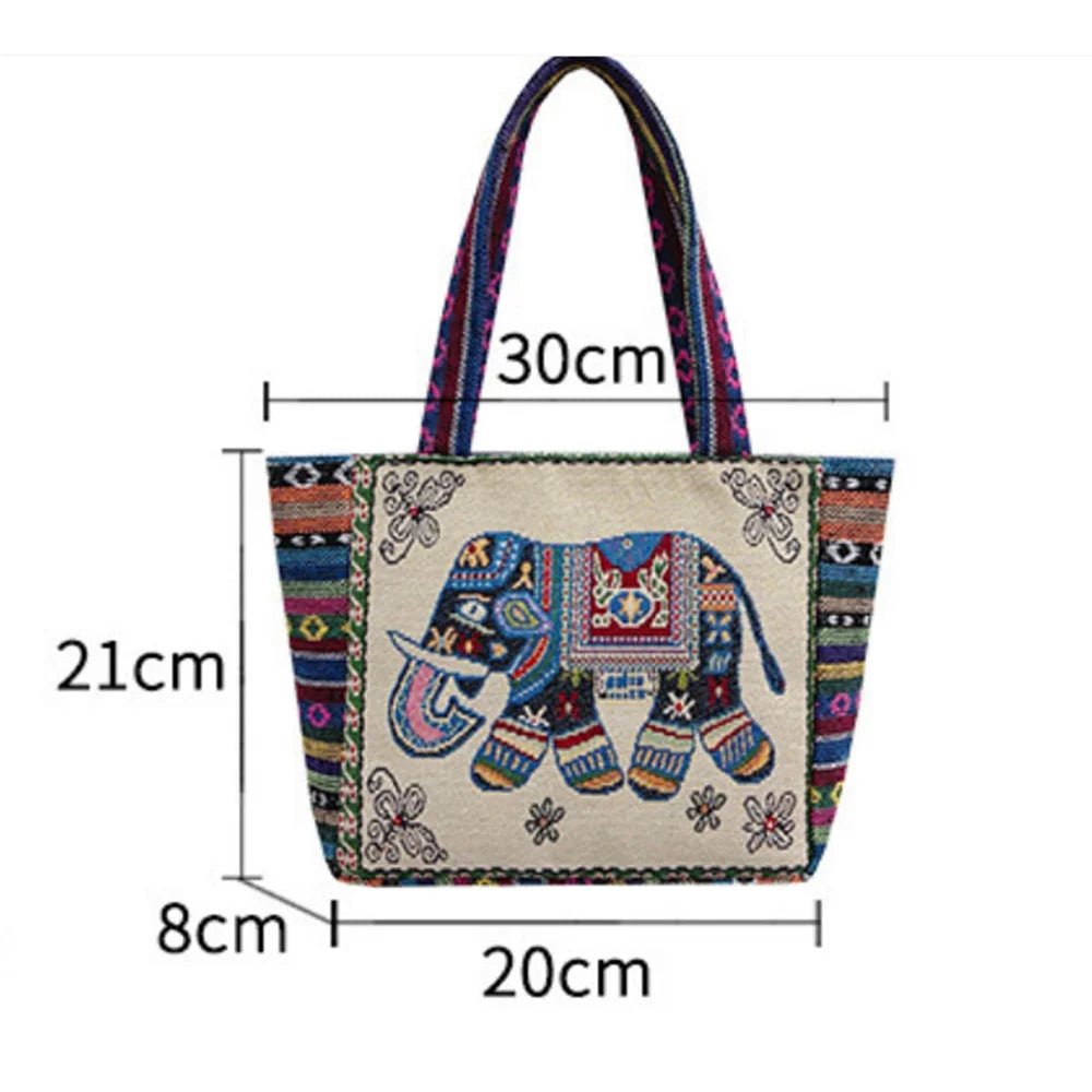 Women Embroidered Tote Bag Retro Owl Elephant Printed - WIVAStore