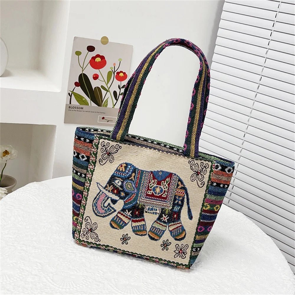 Women Embroidered Tote Bag Retro Owl Elephant Printed - WIVAStore
