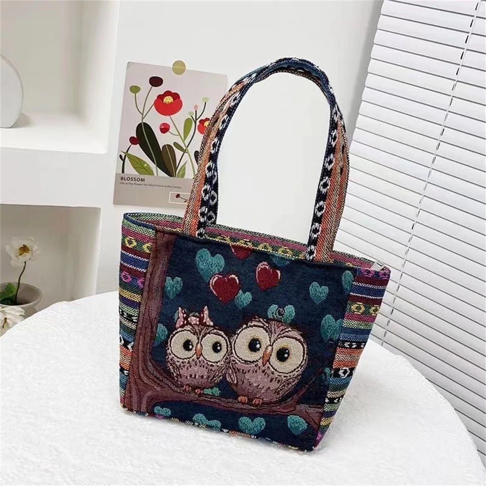 Women Embroidered Tote Bag Retro Owl Elephant Printed - WIVAStore