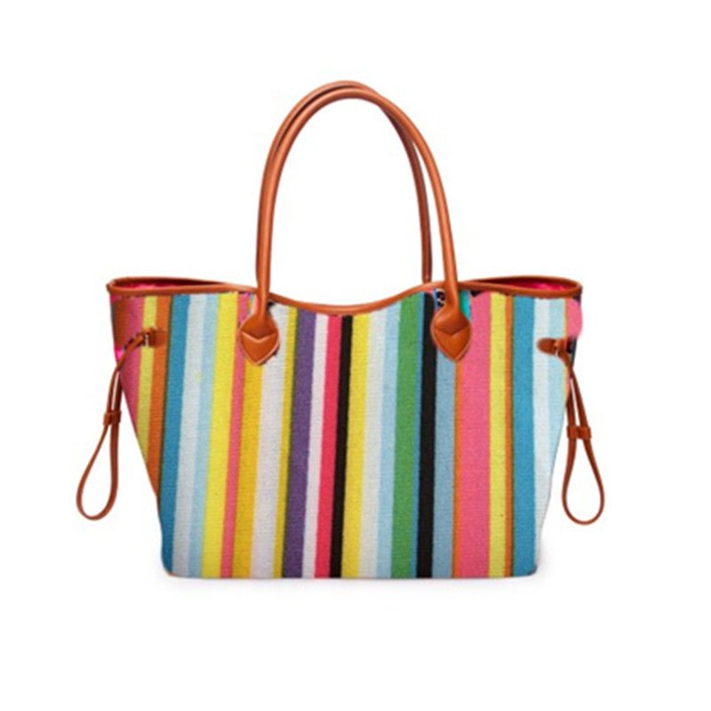 Women’s Rainbow Striped Tote – Multicolor Handbag, Shoulder Beach Shopper - WIVAStore