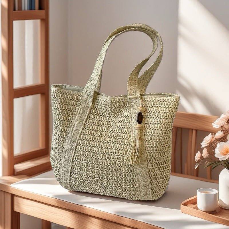 Wooden Bead Tassel Handwoven Bag – Large Straw Tote, Vacation Beach Shoulder & Hand Purse - WIVAStore