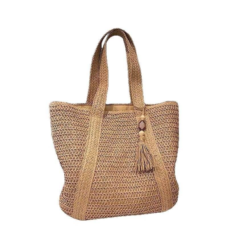 Wooden Bead Tassel Handwoven Bag – Large Straw Tote, Vacation Beach Shoulder & Hand Purse - WIVAStore