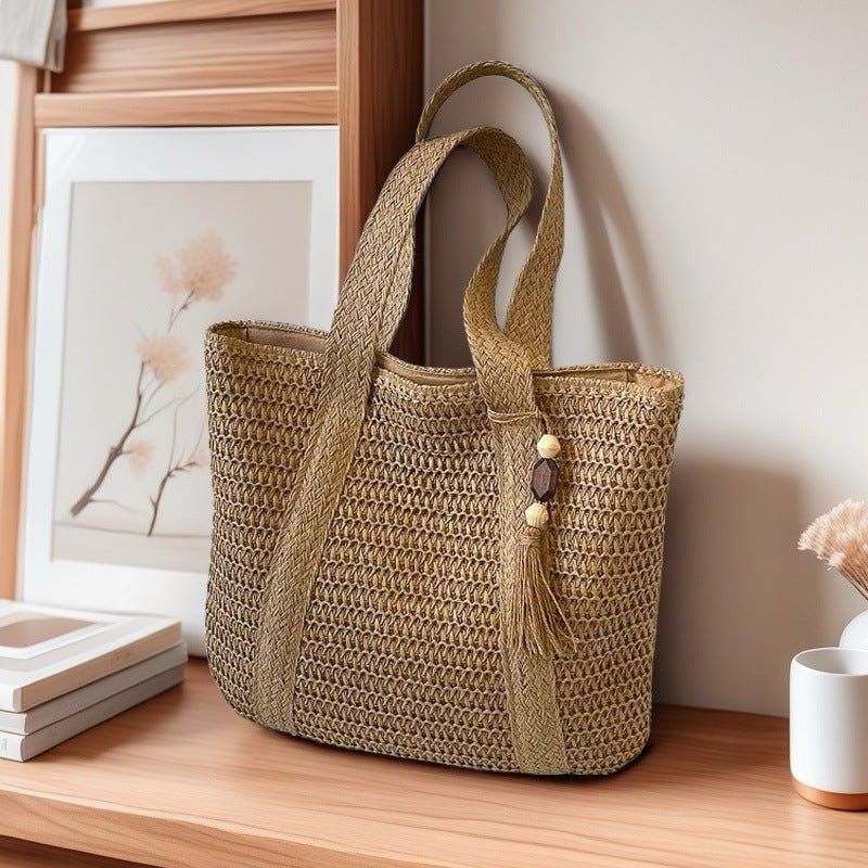 Wooden Bead Tassel Handwoven Bag – Large Straw Tote, Vacation Beach Shoulder & Hand Purse - WIVAStore
