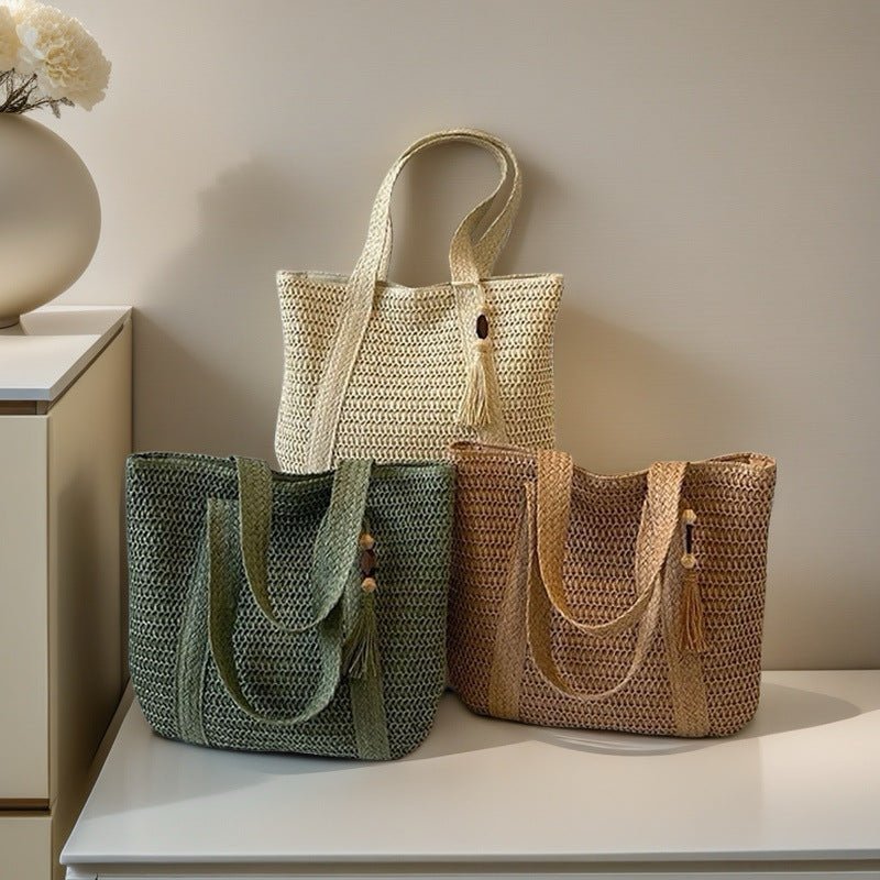 Wooden Bead Tassel Handwoven Bag – Large Straw Tote, Vacation Beach Shoulder & Hand Purse - WIVAStore