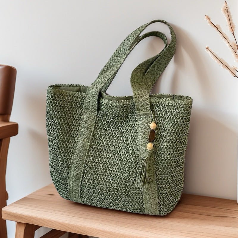 Wooden Bead Tassel Handwoven Bag – Large Straw Tote, Vacation Beach Shoulder & Hand Purse - WIVAStore